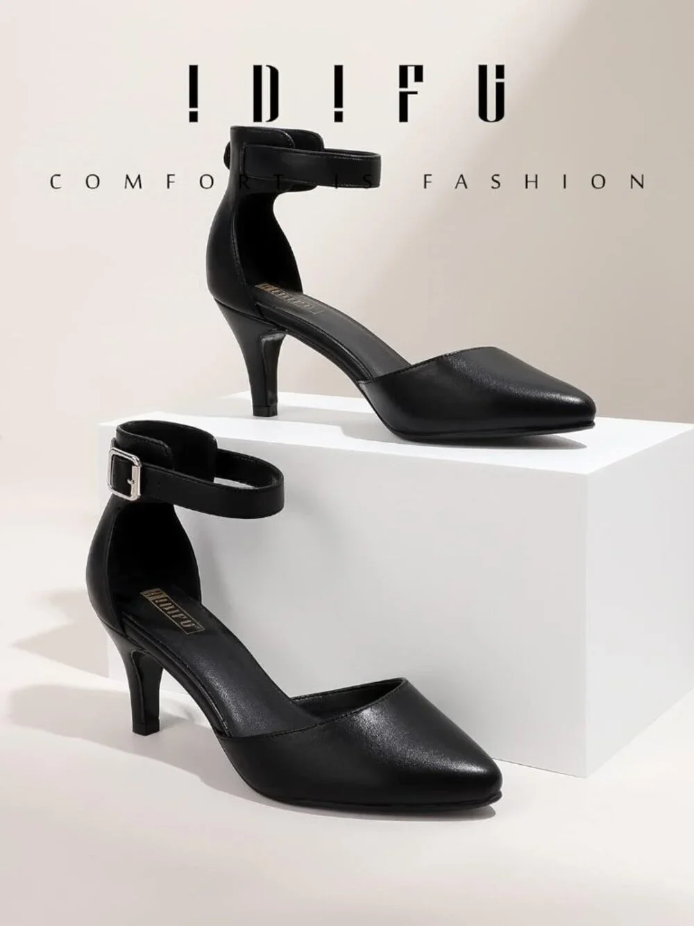 Women's Black Pu Pumps Low Kitten Heels Pointed Closed Toe Shoes Strap